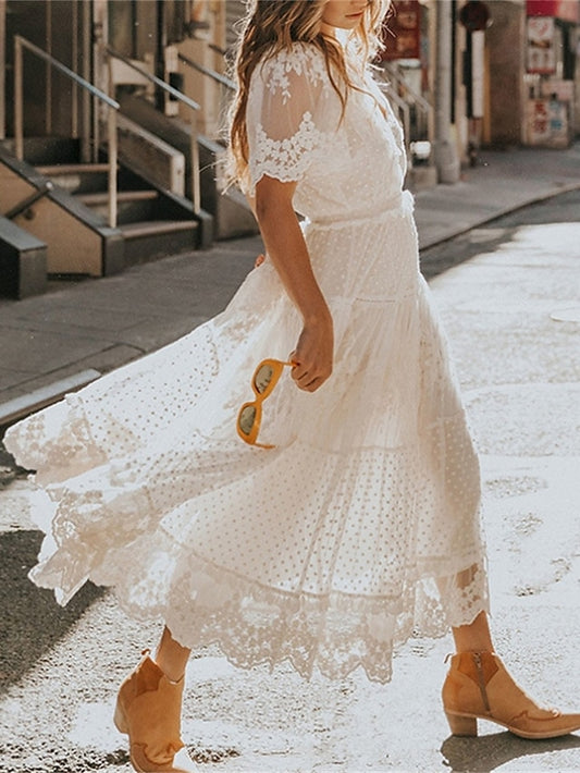 Women's Dress - Party Dress Lace Dress Swing Dress Maxi long Dress White Short Sleeve Pure Color Lace Spring Summer V Neck Boho 2023 S M L XL
