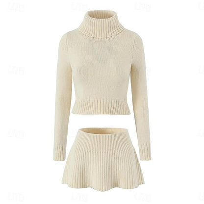 Set with Cropped Turtleneck Sweater Knitted Mini Skirt 2 PCS Sexy Cute Y2K Casual Daily Outfits