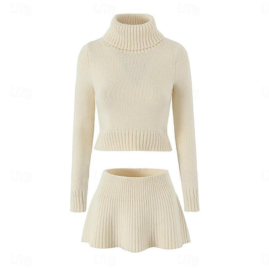 Set with Cropped Turtleneck Sweater Knitted Mini Skirt 2 PCS Sexy Cute Y2K Casual Daily Outfits