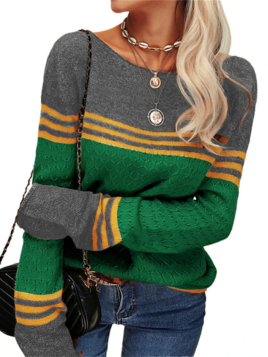 Women's Pullover Sweater Jumper Crew Neck Ribbed Knit Acrylic Patchwork Fall Winter Regular Outdoor Daily Going out Stylish Casual Soft Long Sleeve Color Block Striped Black White Pink S M L