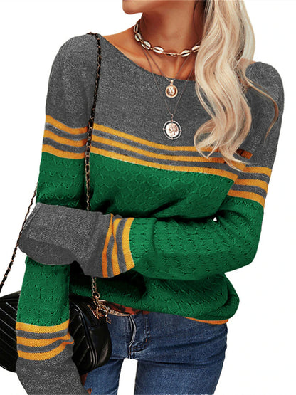 Women's Pullover Sweater Jumper Crew Neck Ribbed Knit Acrylic Patchwork Fall Winter Regular Outdoor Daily Going out Stylish Casual Soft Long Sleeve Color Block Striped Black White Pink S M L