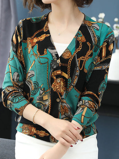 Women's Cardigan Sweater V Neck Ribbed Knit Polyester Button Print Fall Winter Outdoor Daily Holiday Stylish Casual Soft Long Sleeve Animal Floral Rose black Chain black Rose navy blue S M L