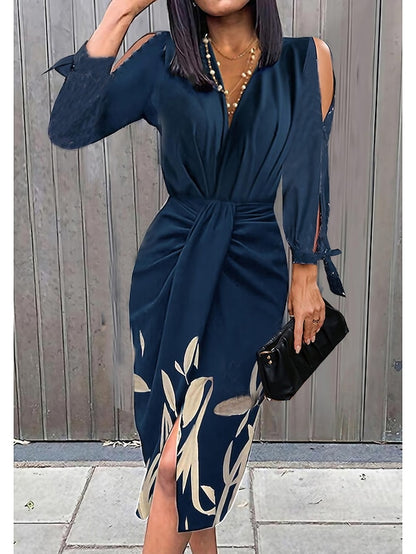Women's Dress - Shirt Dress Sheath Dress Midi Dress Dark Blue Long Sleeve Leaf Ruched Summer Spring V Neck Modern Winter Dress Office Wedding Guest 2023 S M L XL XXL 3XL