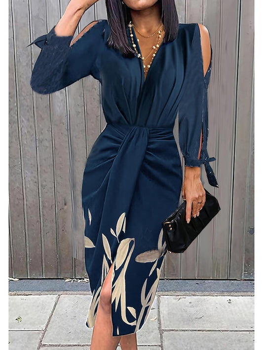Women's Dress - Shirt Dress Sheath Dress Midi Dress Dark Blue Long Sleeve Leaf Ruched Summer Spring V Neck Modern Winter Dress Office Wedding Guest 2023 S M L XL XXL 3XL