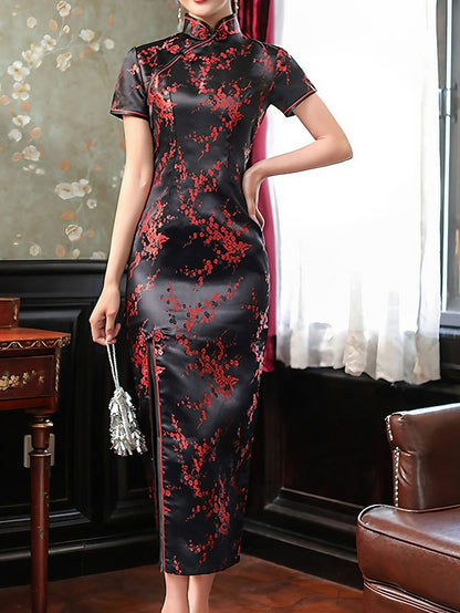 Women's Dress - Semi Formal Dress Sheath Dress Cheongsam Dress Maxi long Dress Black Pink Wine Short Sleeve Floral Embroidered Summer Spring Mandarin Collar Elegant Wedding Guest Spring Dress Slim 2023 S M L