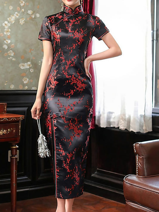 Women's Dress - Semi Formal Dress Sheath Dress Cheongsam Dress Maxi long Dress Black Pink Wine Short Sleeve Floral Embroidered Summer Spring Mandarin Collar Elegant Wedding Guest Spring Dress Slim 2023 S M L