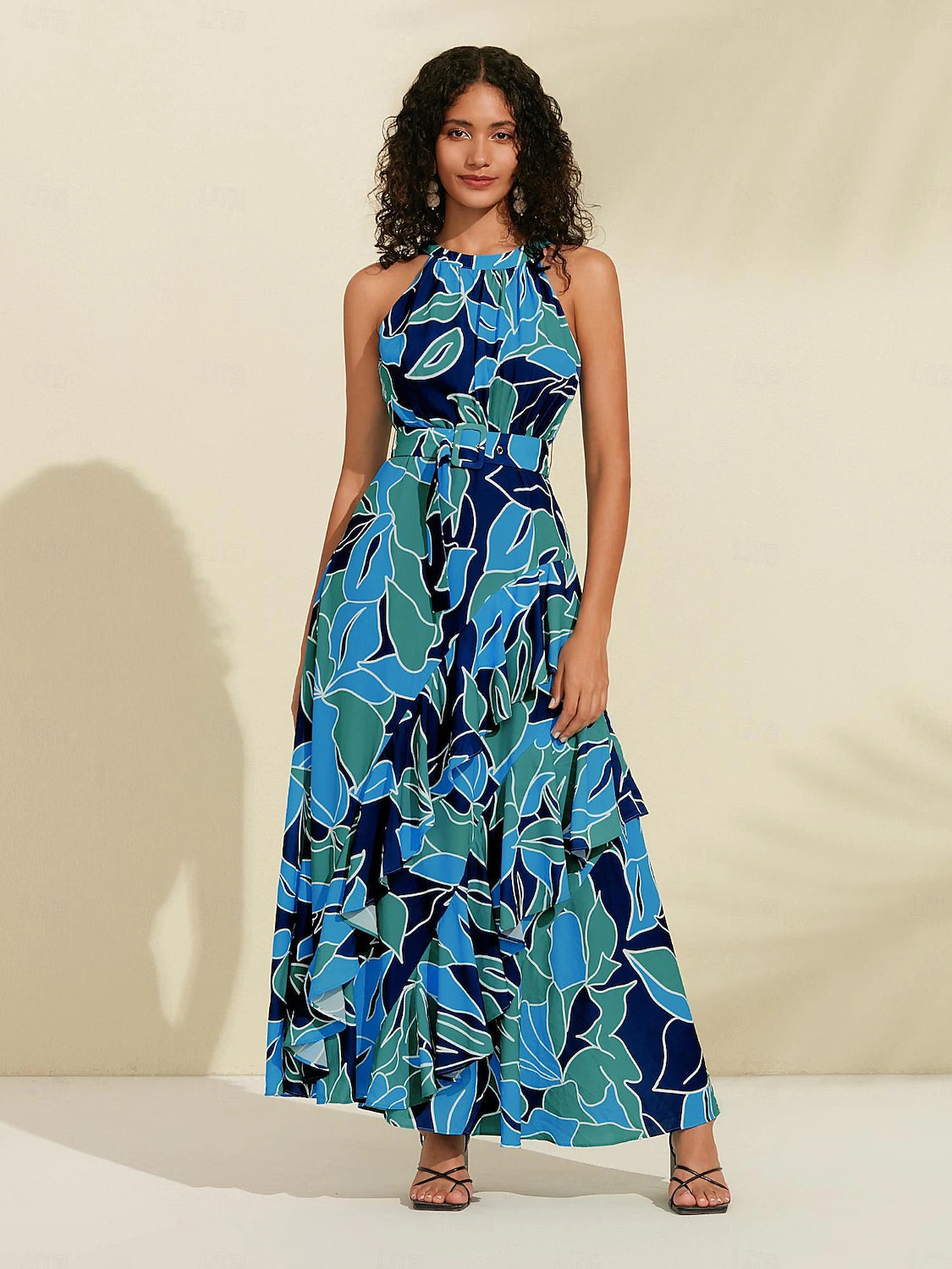 Floral Ruffle Chiffon Maxi Dress(Belt Included）