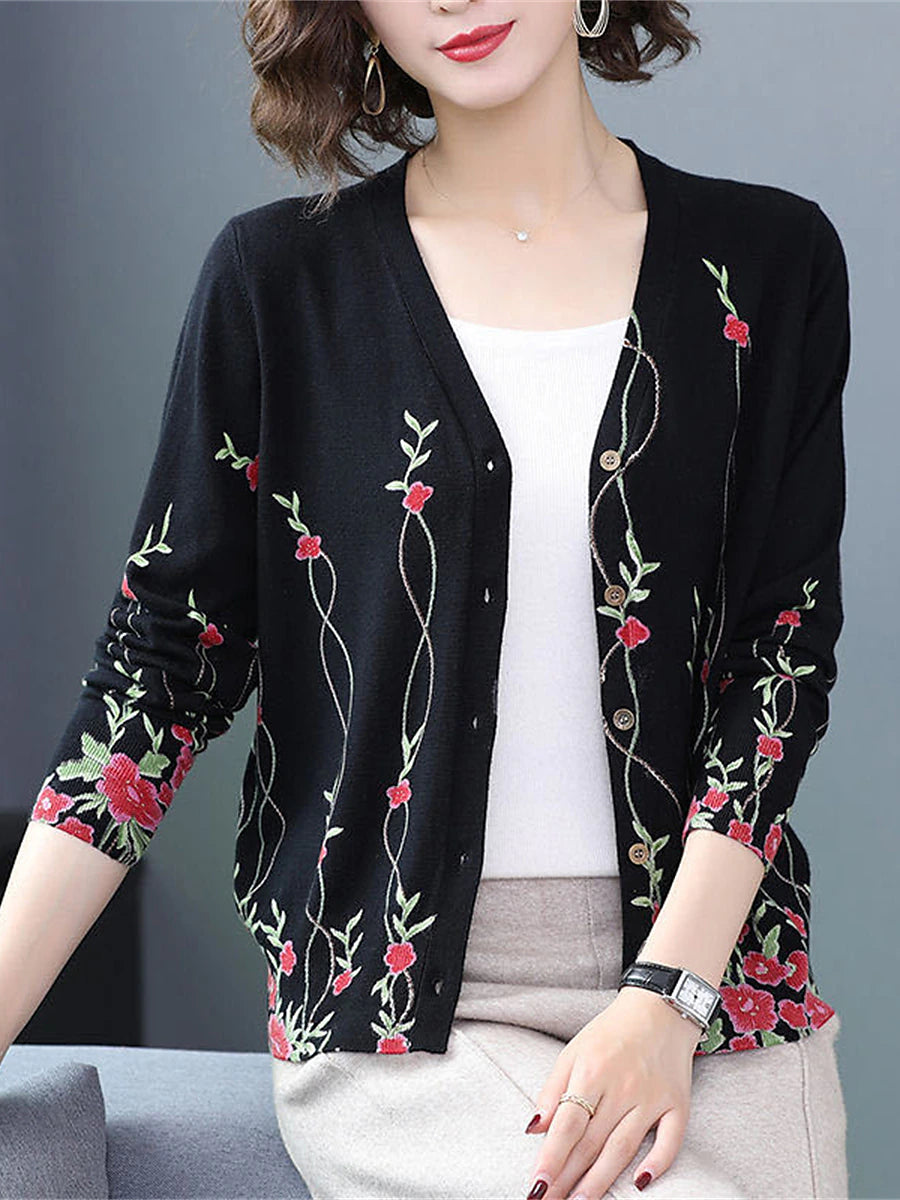 Women's Cardigan Sweater V Neck Ribbed Knit Polyester Button Print Fall Winter Outdoor Daily Holiday Stylish Casual Soft Long Sleeve Animal Floral Rose black Chain black Rose navy blue S M L