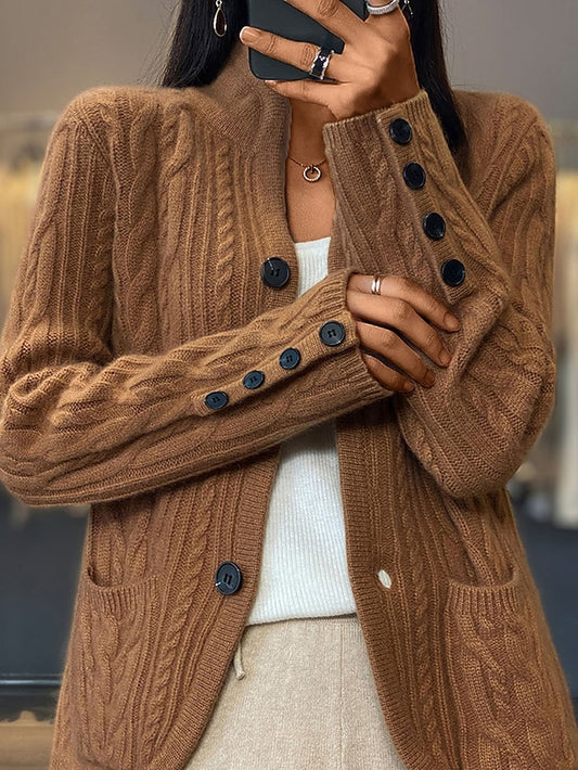 Women's Cardigan Sweater V Neck Cable Knit Polyester Button Pocket Fall Winter Short Daily Going out Weekend Stylish Casual Soft Long Sleeve Solid Color White Camel Brown S M L