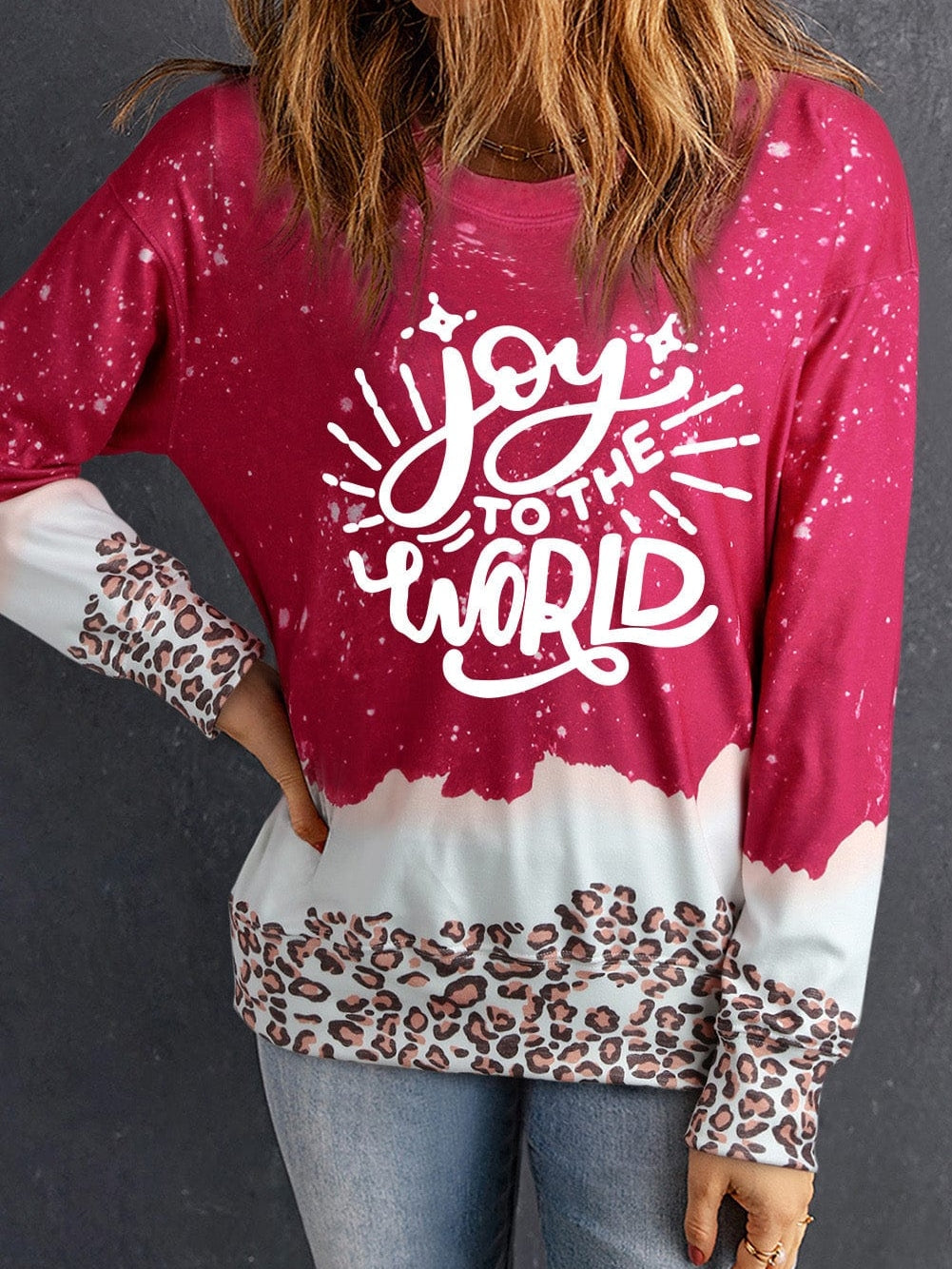 Joyful Leopard Print Red Loose Sweatshirt for Christmas Cheer