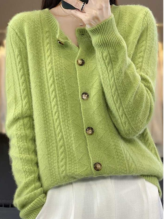 Women's Cardigan Stand Collar Ribbed Knit Polyester Button Knitted Fall Winter Regular Outdoor Daily Going out Stylish Casual Soft Long Sleeve Solid Color Wine Camel Purple One-Size