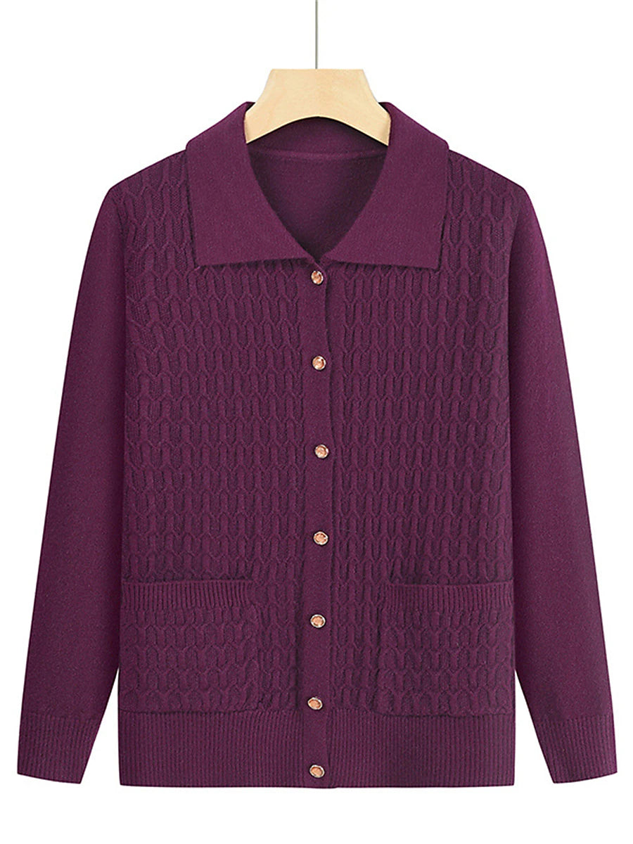 Women's Cardigan Shirt Collar Cable Knit Polyester Button Pocket Knitted Fall Winter Regular Outdoor Christmas New Year Fashion Casual Soft Long Sleeve Floral Red Purple Fuchsia XL 2XL 3XL