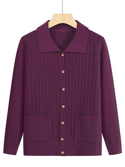 Women's Cardigan Shirt Collar Cable Knit Polyester Button Pocket Knitted Fall Winter Regular Outdoor Christmas New Year Fashion Casual Soft Long Sleeve Floral Red Purple Fuchsia XL 2XL 3XL