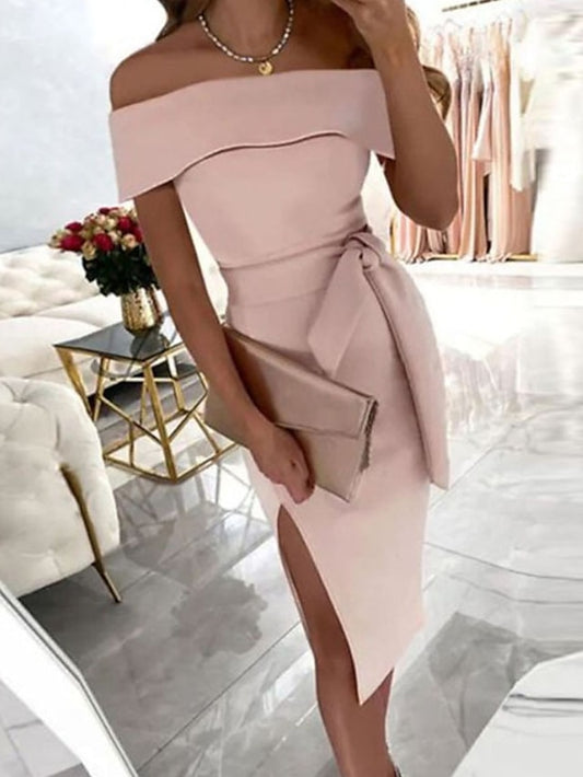 Women's Dress - Party Dress Bodycon Sheath Dress Midi Dress Black Light Green Pink Short Sleeve Pure Color Split Summer Spring Off Shoulder Elegant Wedding Guest Vacation 2023 S M L XL XXL