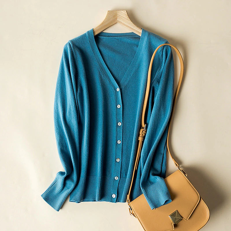 Women's Cardigan Sweater V Neck Ribbed Knit Polyester Button Fall Winter Short Daily Going out Weekend Stylish Casual Soft Long Sleeve Solid Color Haze blue Black White S M L