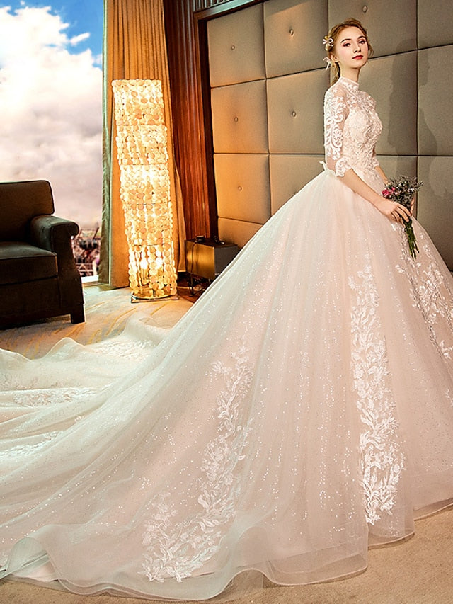 Engagement Sparkle & Shine Formal Wedding Dresses Ball Gown High Neck Long Sleeve Cathedral Train Lace Bridal Gowns With Sequin Appliques 2023 Summer Wedding Party, Women's Clothing - LuckyFash™