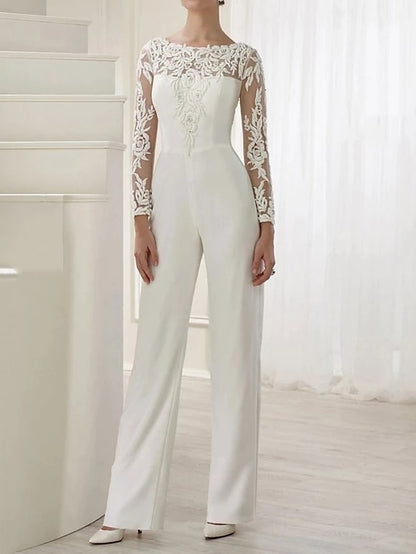 Hall Casual Wedding Dresses Jumpsuits Illusion Neck Long Sleeve Floor Length Lace Bridal Gowns With Sashes / Ribbons Crystals 2023 Summer Wedding Party, Women's Clothing - LuckyFash™