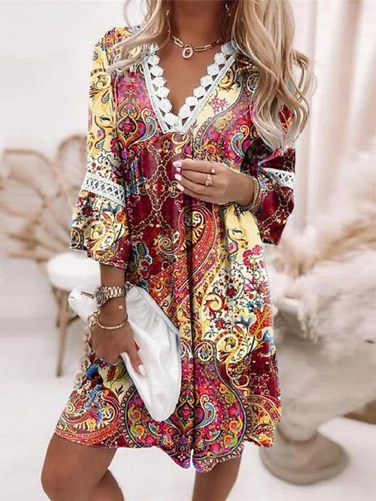 Women's Dress - Ethnic Dress Shift Dress Boho Dress Mini Dress Brown 3/4 Length Sleeve Floral Lace Summer Spring V Neck Basic Vacation Summer Dress Spring Dress Loose Fit 2023 S M L XL XXL 3XL