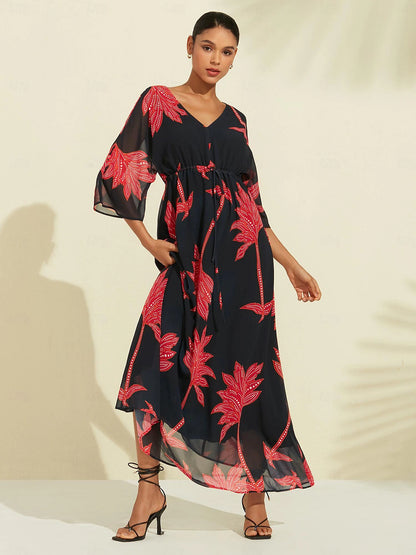 Chiffon Leaf Flower Print V Neck Maxi Dress