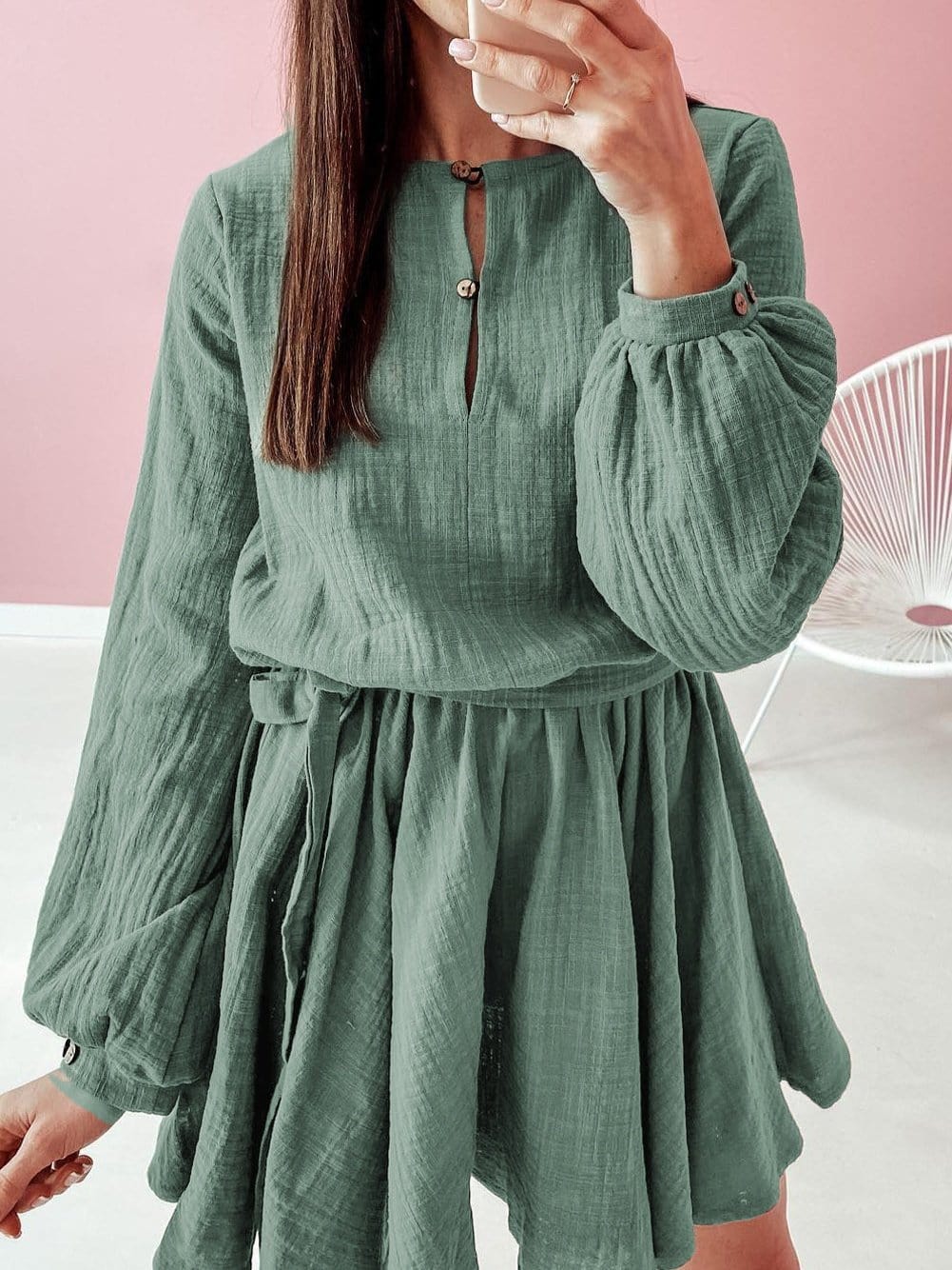 Jungle Green Bubble Sleeve Tiered Mini Dress
