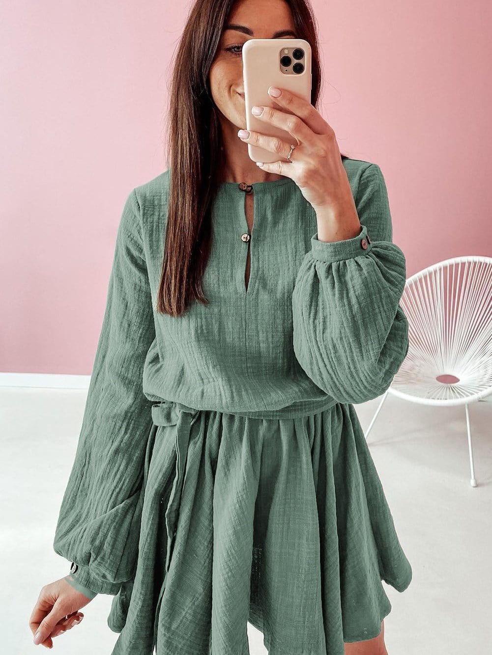 Jungle Green Bubble Sleeve Tiered Mini Dress