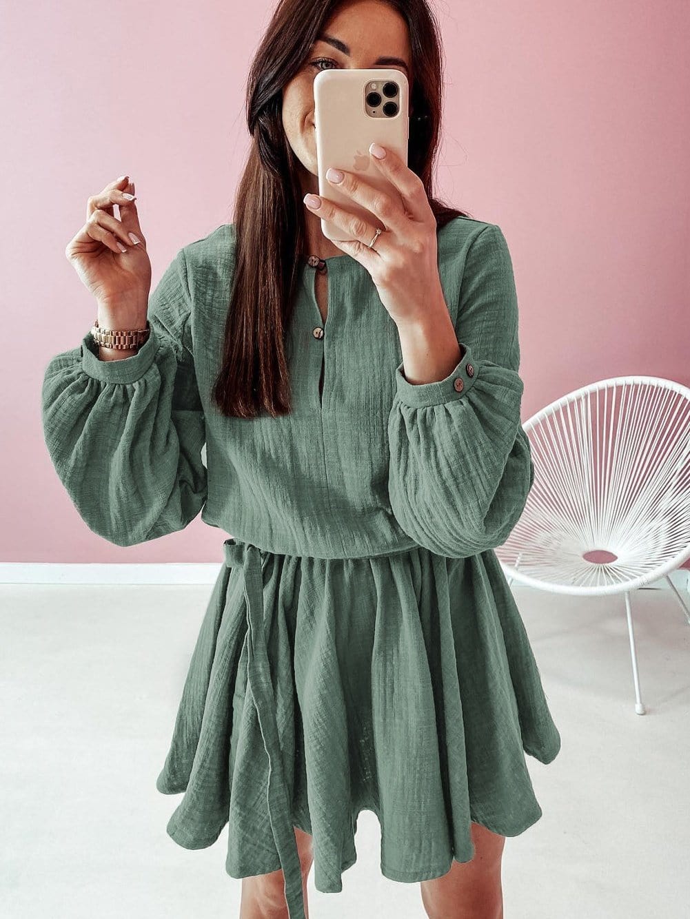 Jungle Green Bubble Sleeve Tiered Mini Dress