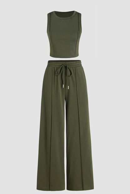 Jungle Green Chic Sleeveless Top and Wide Leg Pants Set