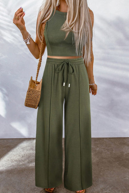 Jungle Green Chic Sleeveless Top and Wide Leg Pants Set