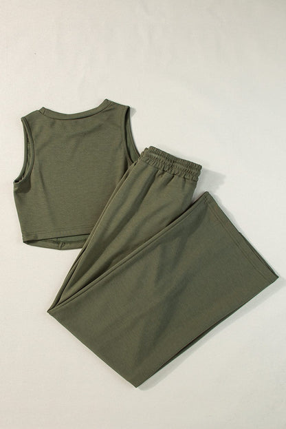Jungle Green Chic Sleeveless Top and Wide Leg Pants Set