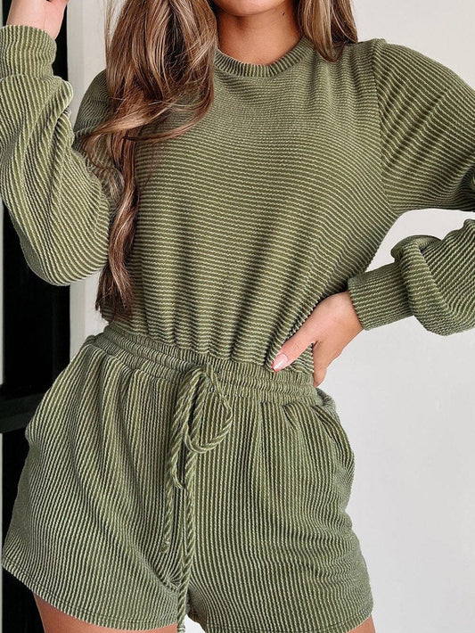 Jungle Green Corded Pullover Long Sleeve Drawstring Romper