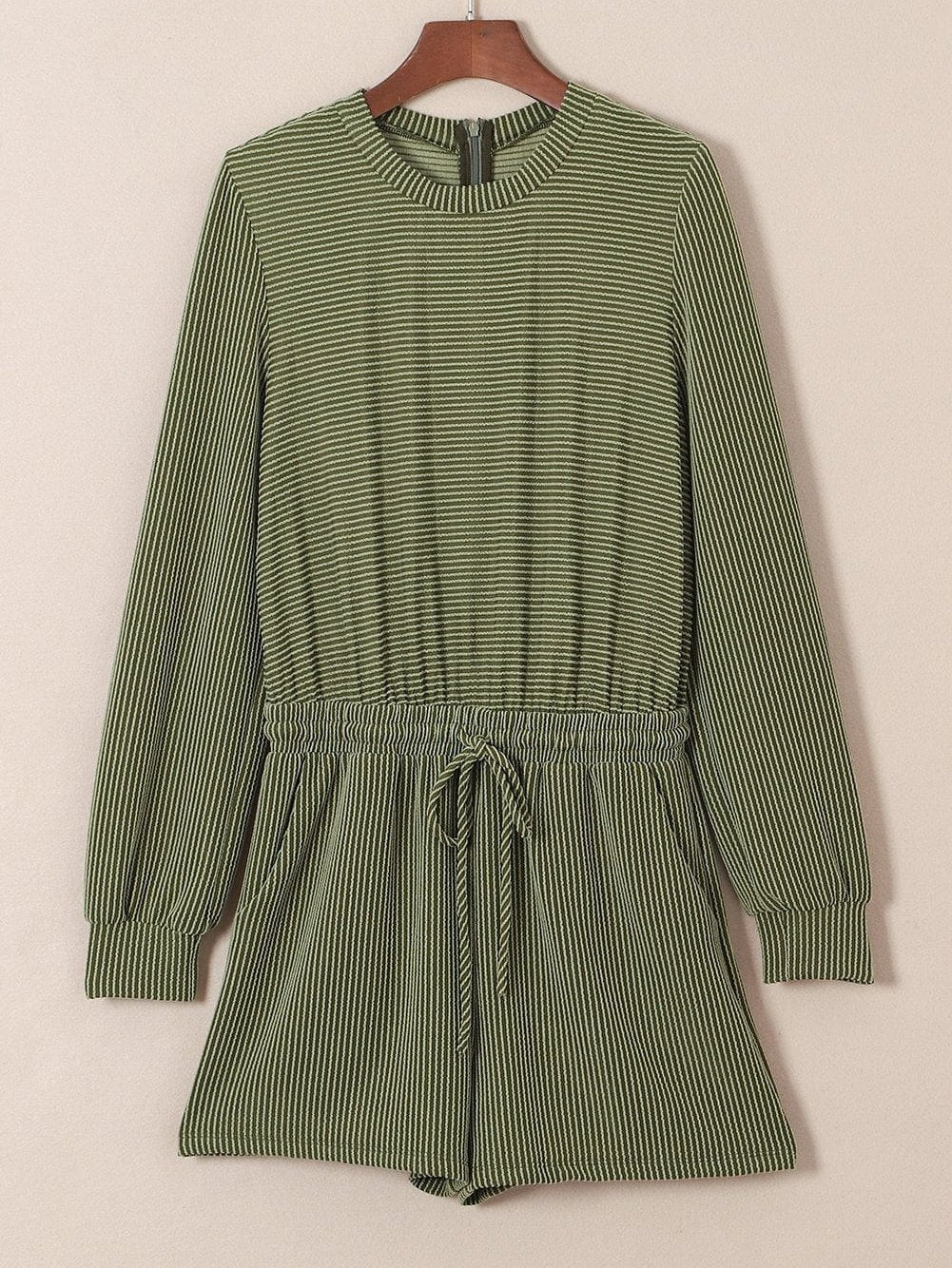 Jungle Green Corded Pullover Long Sleeve Drawstring Romper