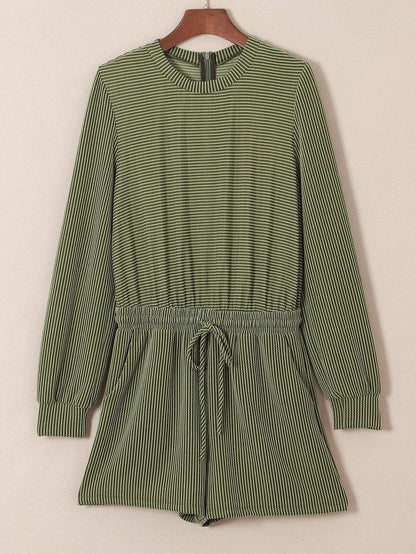 Jungle Green Corded Pullover Long Sleeve Drawstring Romper
