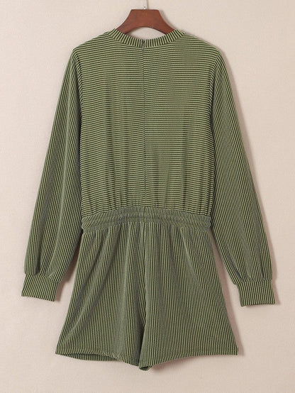 Jungle Green Corded Pullover Long Sleeve Drawstring Romper