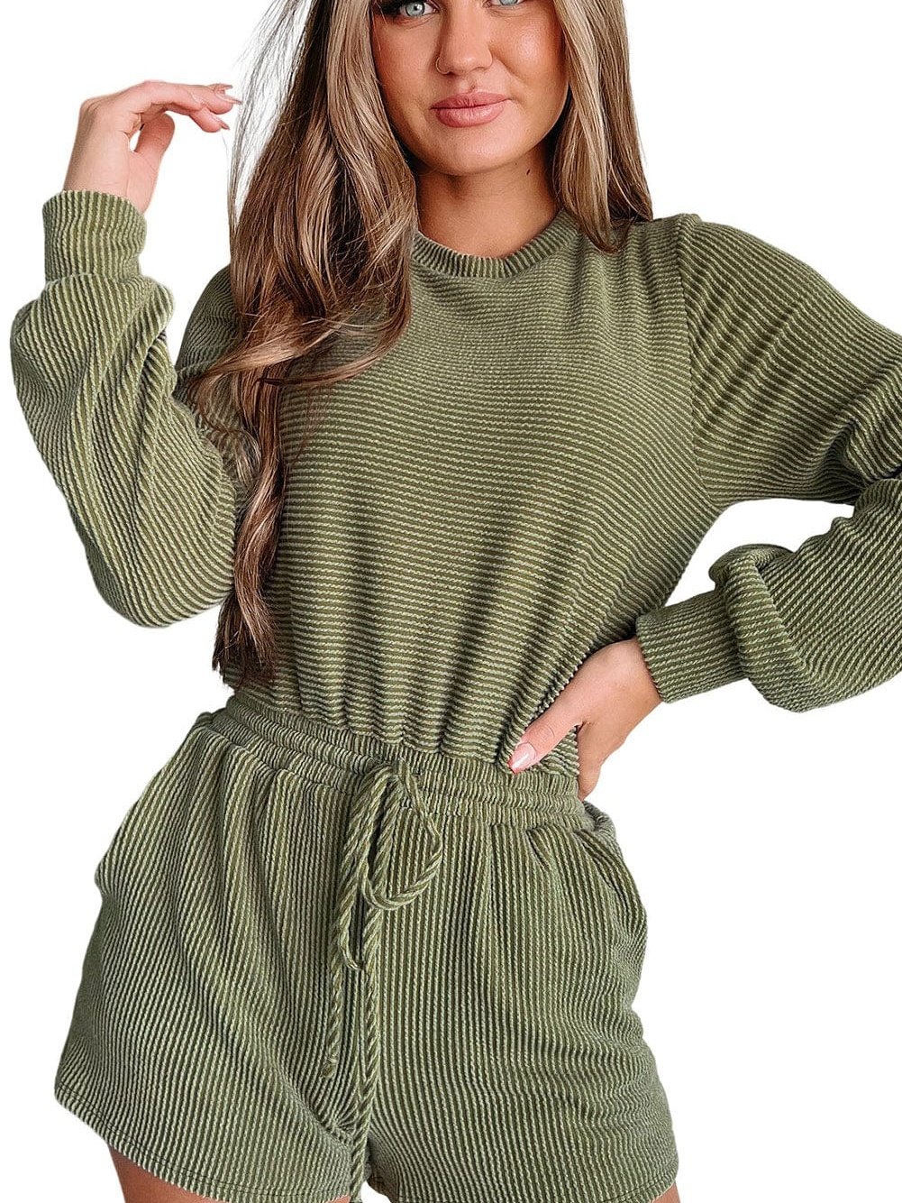 Jungle Green Corded Pullover Long Sleeve Drawstring Romper