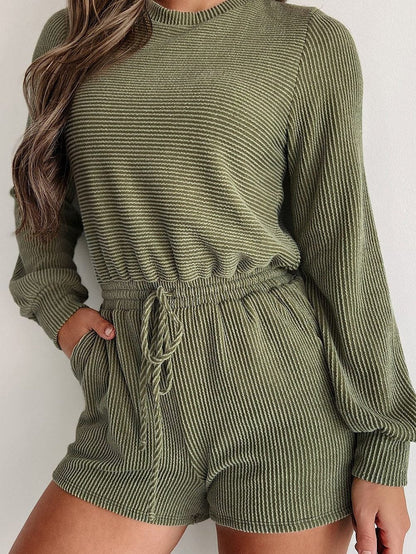 Jungle Green Corded Pullover Long Sleeve Drawstring Romper