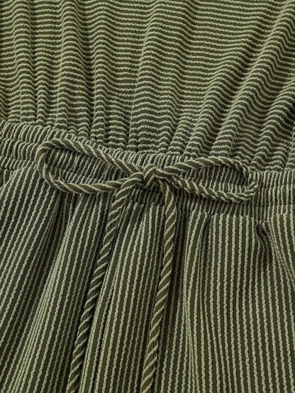 Jungle Green Corded Pullover Long Sleeve Drawstring Romper