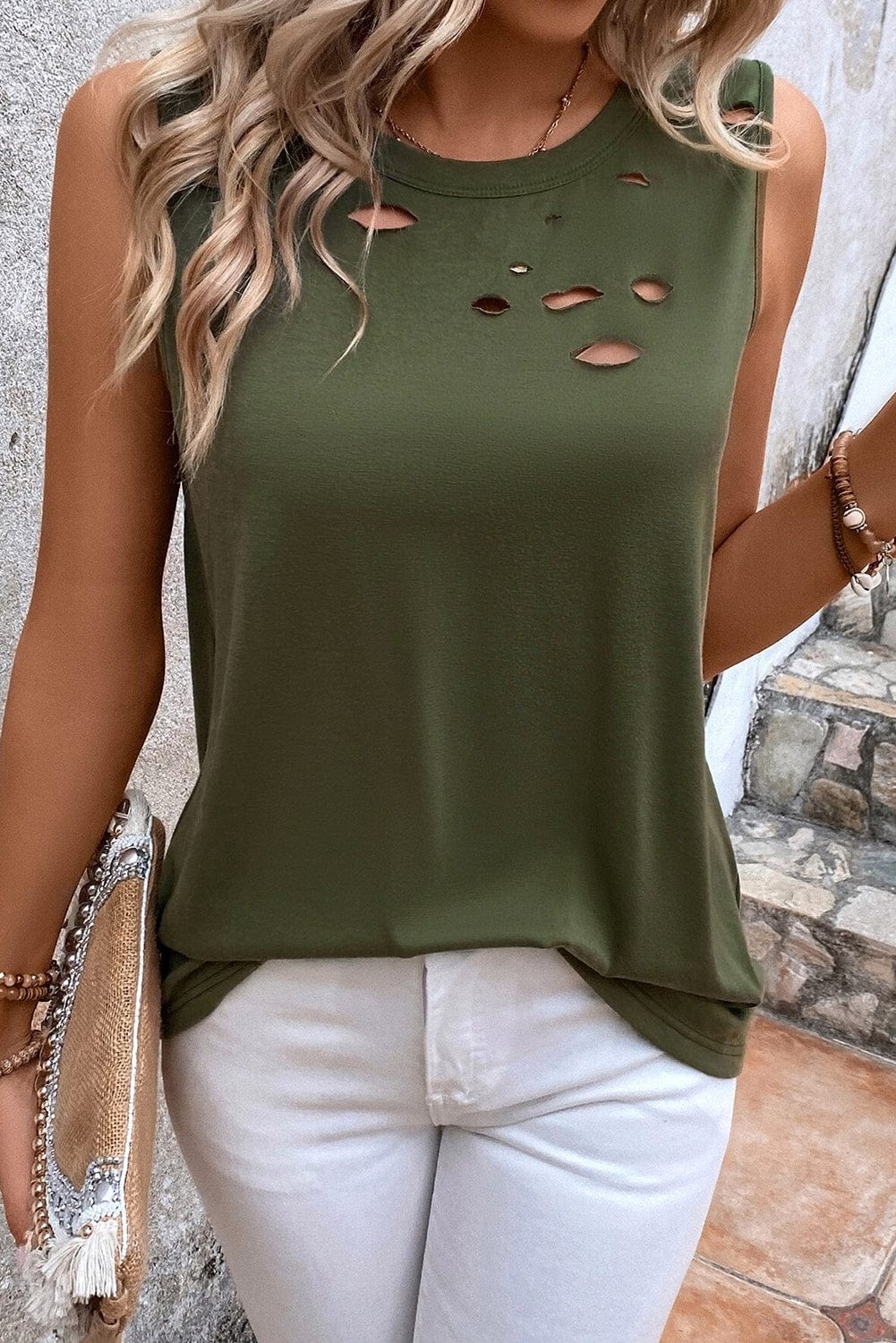 Jungle Green Edgy Distressed Tank Top with Crew Neck