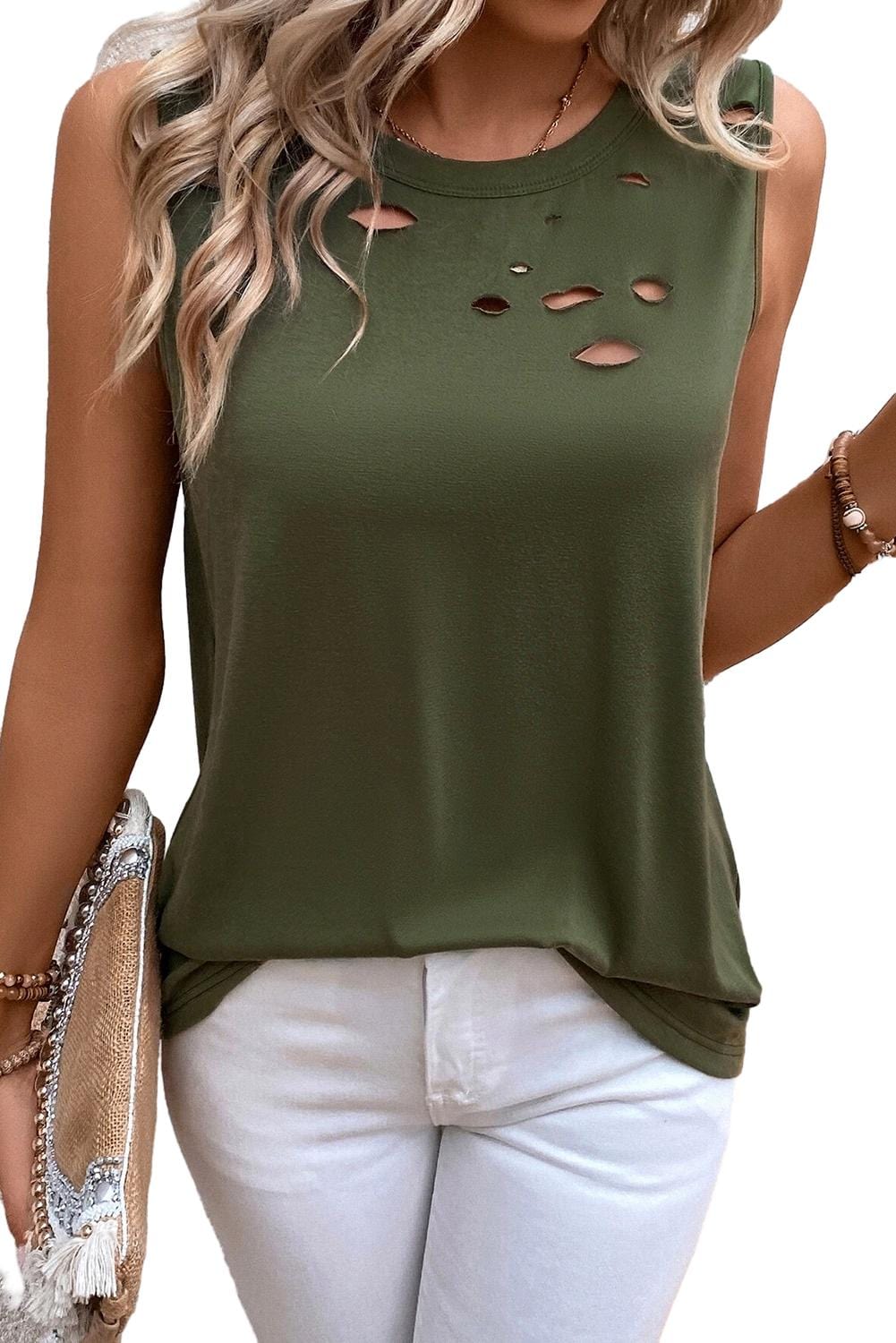 Jungle Green Edgy Distressed Tank Top with Crew Neck