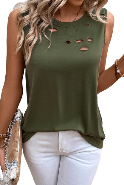 Jungle Green Edgy Distressed Tank Top with Crew Neck