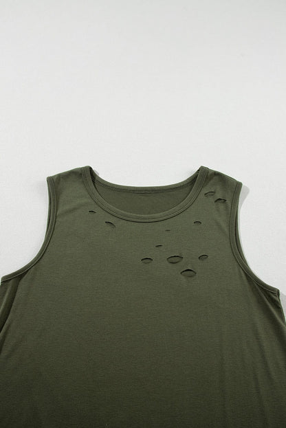 Jungle Green Edgy Distressed Tank Top with Crew Neck