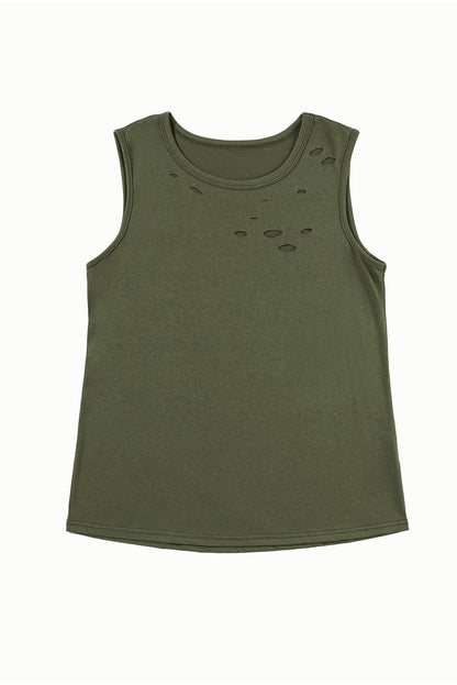 Jungle Green Edgy Distressed Tank Top with Crew Neck