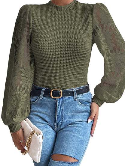 Jungle Green Floral Lace Sleeve Sheath Top
