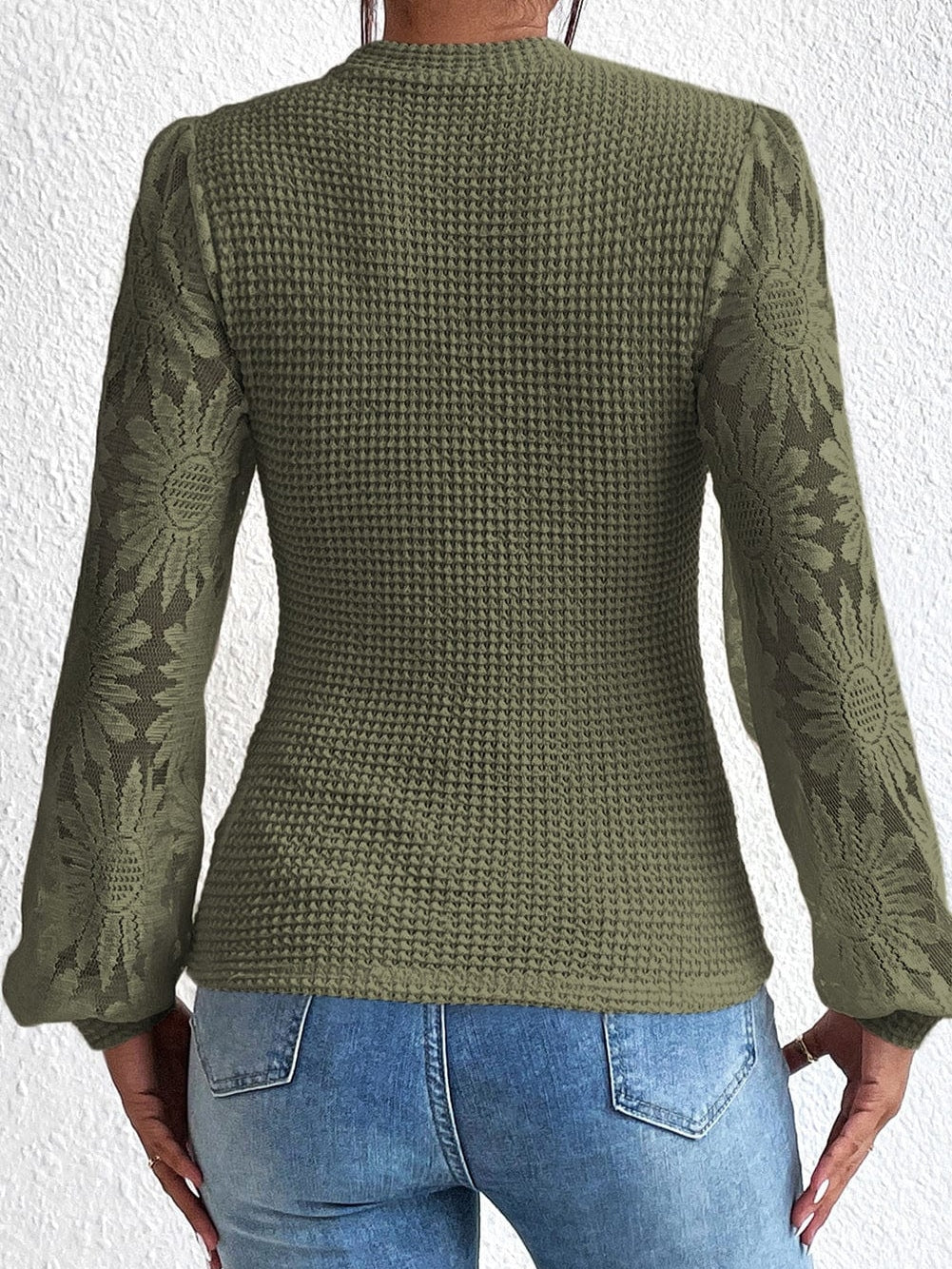 Jungle Green Floral Lace Sleeve Sheath Top