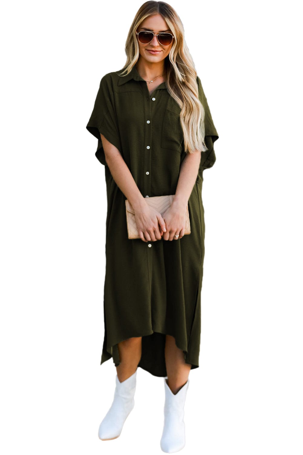 Jungle Green High Low Shirt Dress with Side Slits