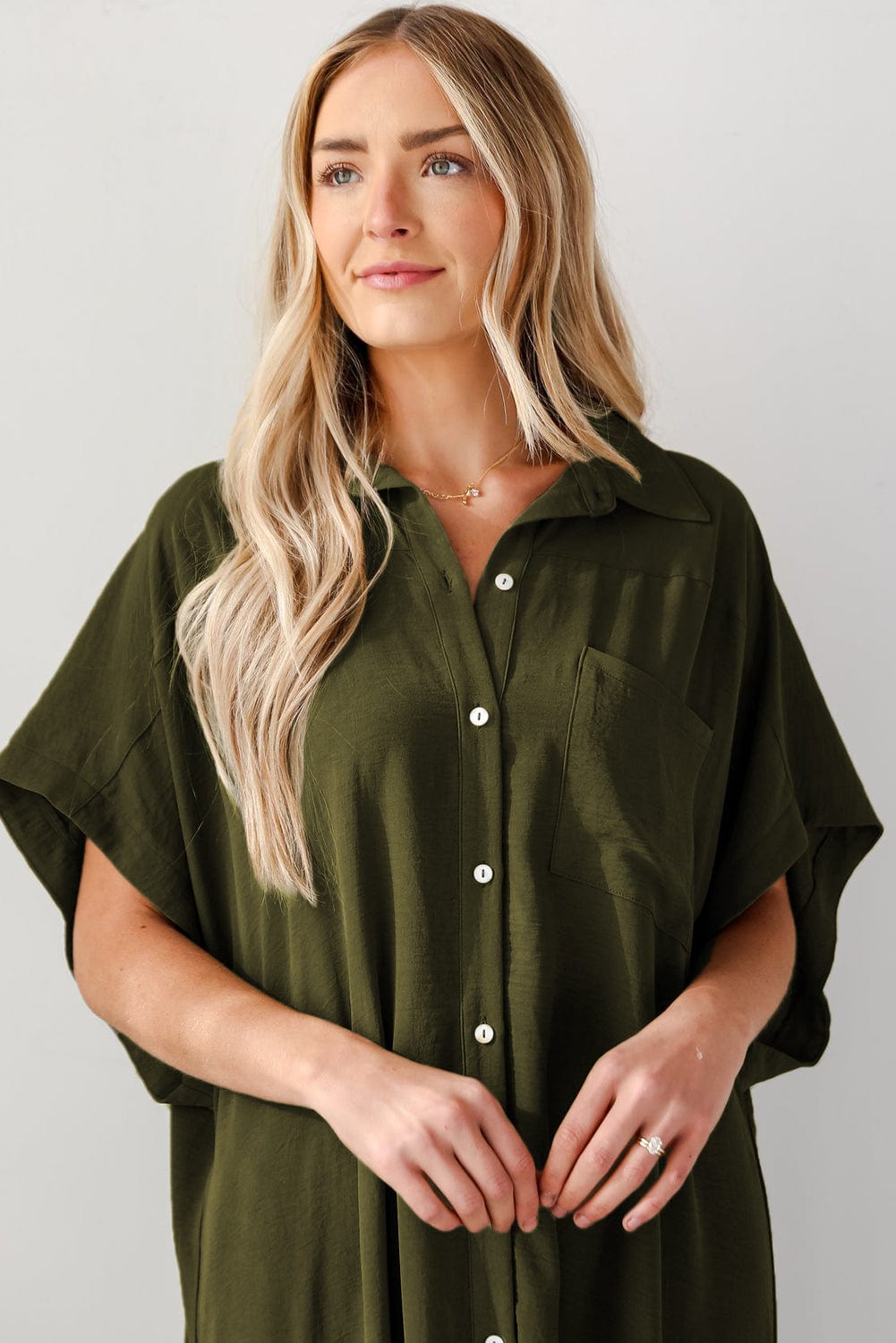 Jungle Green High Low Shirt Dress with Side Slits