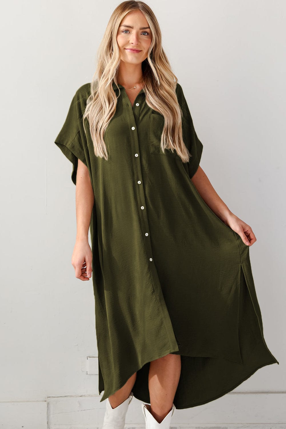 Jungle Green High Low Shirt Dress with Side Slits