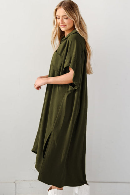 Jungle Green High Low Shirt Dress with Side Slits