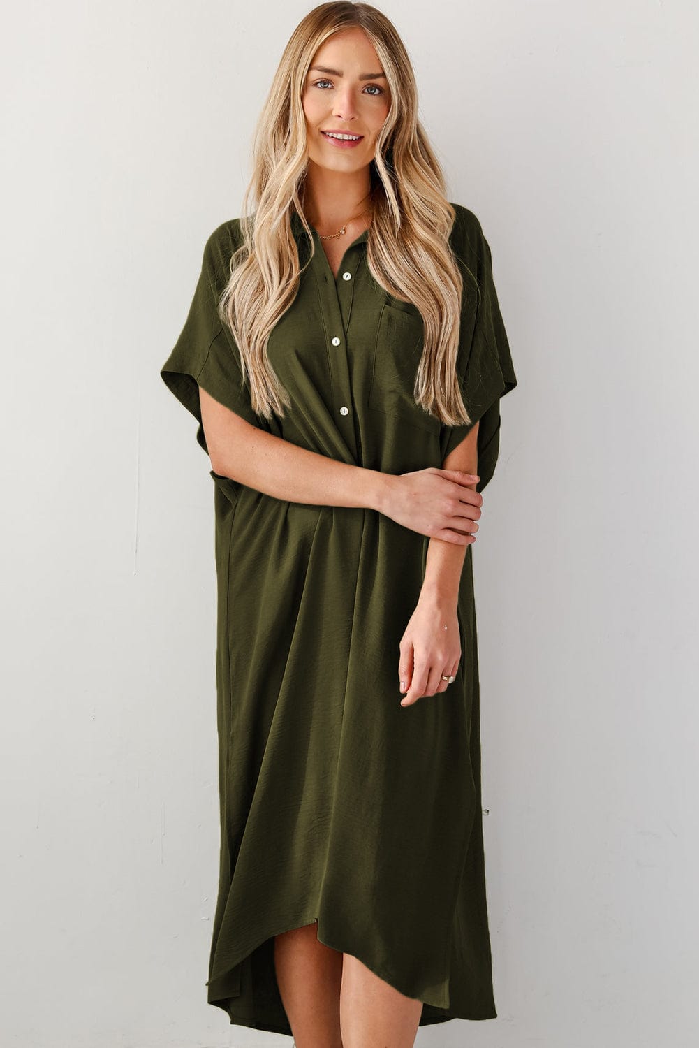 Jungle Green High Low Shirt Dress with Side Slits