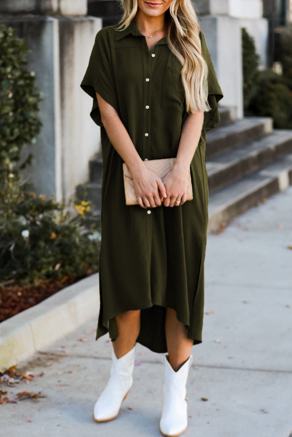 Jungle Green High Low Shirt Dress with Side Slits