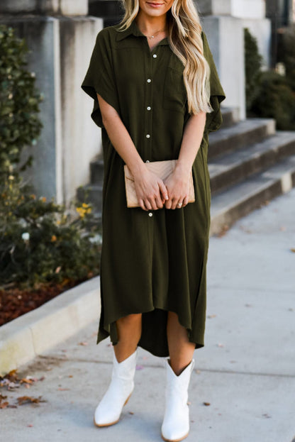 Jungle Green High Low Shirt Dress with Side Slits